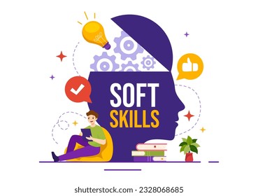 Soft Skills Vector Illustration of Office Workers Empathy, Communication, Idea Development, Skill and Education at Work in Flat Background Template