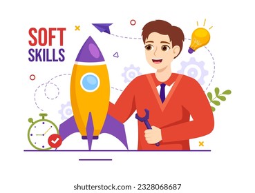 Ilustración de vectores de habilidades blandas Empatía, comunicación, desarrollo de ideas, habilidades y educación en el trabajo en plantilla de fondo plano