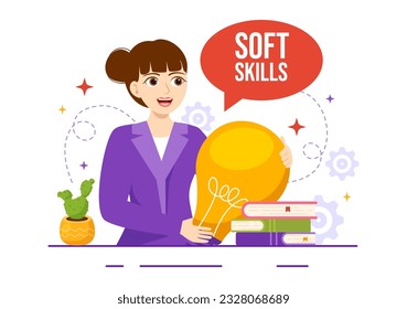 Soft Skills Vector Illustration of Office Workers Empathy, Communication, Idea Development, Skill and Education at Work in Flat Background Template