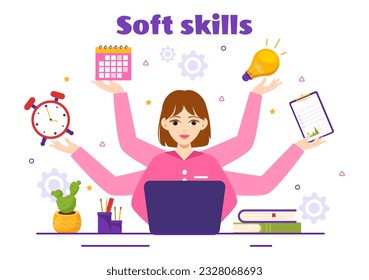 Soft Skills Vector Illustration of Office Workers Empathy, Communication, Idea Development, Skill and Education at Work in Flat Background Template