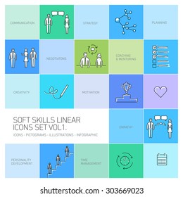 Soft skills vector linear icons and pictograms set black on colorful background