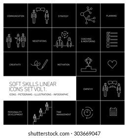 Soft skills vector linear icons and pictograms set white on black background
