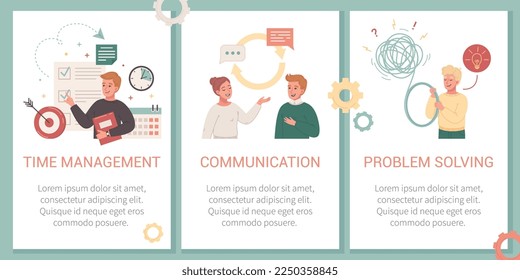Soft skills vertical posters set depicting time management communication problem solving flat vector illustration