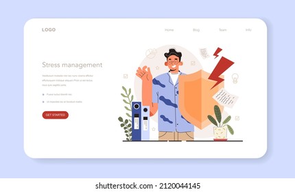 Soft skills web banner or landing page. Business people or employee with stress management skill. Employee meditate against stress. Deadline and stress management concept. Flat vector illustration