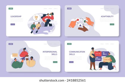 Soft skills web banner set. Showcasing leadership, adaptability, interpersonal and communication skills. Essential workplace competencies.