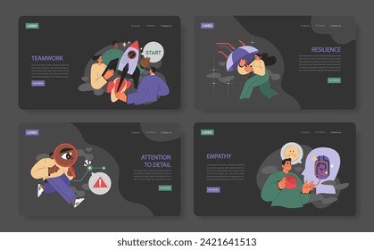 Soft skills web banner set. Focused on teamwork, resilience, attention to detail, and empathy. Core competencies for modern workplaces.