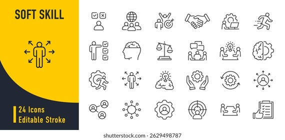 Soft skills web icons in line style. Teamwork, creativity, communication, problem-solving, management, collection. Vector illustration.