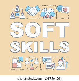 Soft skills word concepts banner. Teamwork idea, personal growth, professional relationship. Human resources presentation. Isolated typography idea with linear icons. Vector outline illustration