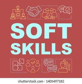 Soft skills word concepts banner. Interpersonal development, professional relationship. Human resources presentation. Isolated typography idea with linear icons. Vector outline illustration