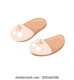Soft slippers with a pompoms. Cozy element, warm home shoes. Vector illustration.