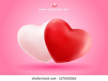 Soft and smooth red and white valentines hearts on pink Background with copy space for greetings card. Realistic 3D vector illustration 