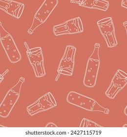 Soft soda drink bottles and glasses seamless pattern. Simple outline vector texture. Cute hand drawn lemonade theme background for packaging, apparel, card, wrapping paper, fabric, wallpaper, textile.