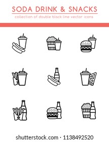 Soft soda drink and different fast food for a quick snack. Collection of 9 double icons of takeaway food and drinks.  Isolated pictograms in flat style with black line for web and print design
