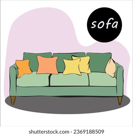 soft sofa with armrests on legs and pillows for relaxation. Upholstered furniture for the interior