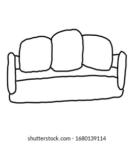 Soft  sofa. Drawing in the Doodle style. Isolated on a white background. Vector illustration in lines. Comfortable and stylish daybed.  For design, decoration, web, coloring.