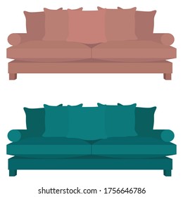 Soft sofa with five pillows front view in pink and green on a white background.