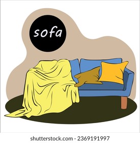 soft sofa on legs with pillows and yellow blanket for relaxation. Upholstered furniture for the interior