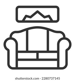 Soft sofa and picture on the wall - icon, illustration on white background, outline style