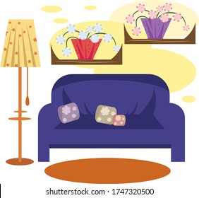 Soft sofa with pillows in the lounge. Interior textiles for design.