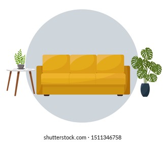 Soft sofa standing near coffee table and near decorative plant. Vector illustartion in flat style.