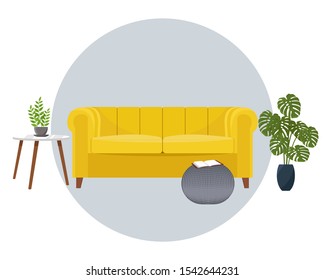 Soft sofa standing near coffee table and near decorative plant. Vector illustartion in flat style.