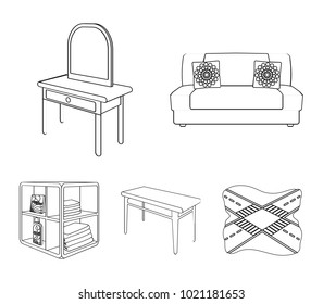 Soft sofa, toilet make-up table, dining table, shelving for laundry and detergent. Furniture and interior set collection icons in outline style isometric vector symbol stock illustration web.