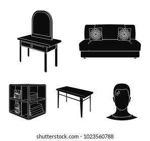 Soft sofa, toilet make-up table, dining table, shelving for laundry and detergent. Furniture and interior set collection icons in black style isometric vector symbol stock illustration web.