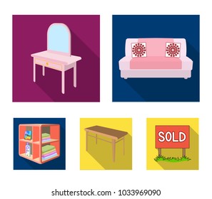 Soft sofa, toilet make-up table, dining table, shelving for laundry and detergent. Furniture and interior set collection icons in flat style isometric vector symbol stock illustration web.