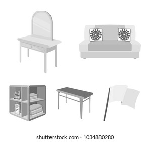 Soft sofa, toilet make-up table, dining table, shelving for laundry and detergent. Furniture and interior set collection icons in monochrome style isometric vector symbol stock illustration web.