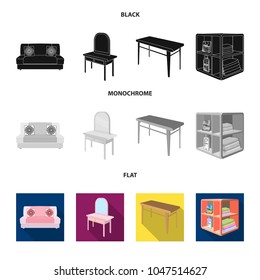Soft sofa, toilet make-up table, dining table, shelving for laundry and detergent. Furniture and interior set collection icons in black, flat, monochrome style isometric vector symbol stock