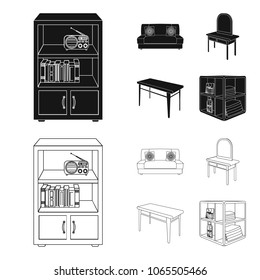 Soft sofa, toilet make-up table, dining table, shelving for laundry and detergent. Furniture and interior set collection icons in black,outline style isometric vector symbol stock illustration web.