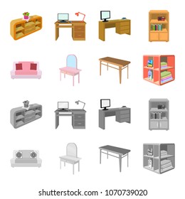 Soft sofa, toilet make-up table, dining table, shelving for laundry and detergent. Furniture and interior set collection icons in cartoon,monochrome style isometric vector symbol stock illustration