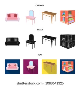 Soft sofa, toilet make-up table, dining table, shelving for laundry and detergent. Furniture and interior set collection icons in cartoon,black,flat style isometric vector symbol stock illustration