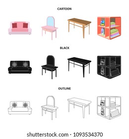 Soft sofa, toilet make-up table, dining table, shelving for laundry and detergent. Furniture and interior set collection icons in cartoon,black,outline style isometric vector symbol stock illustration