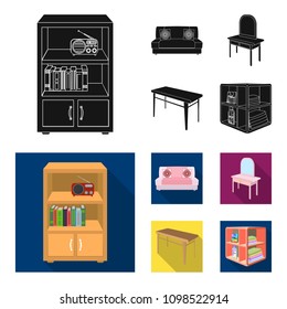 Soft sofa, toilet make-up table, dining table, shelving for laundry and detergent. Furniture and interior set collection icons in black, flat style isometric vector symbol stock illustration web.