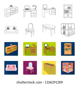 Soft sofa, toilet make-up table, dining table, shelving for laundry and detergent. Furniture and interior set collection icons in outline,flat style isometric vector symbol stock illustration web.