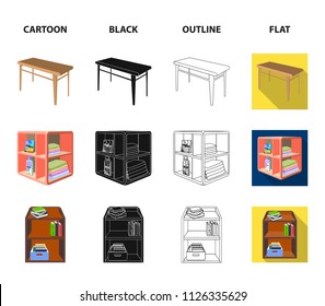 Soft sofa, toilet make-up table, dining table, shelving for laundry and detergent. Furniture and interior set collection icons in cartoon,black,outline,flat style isometric vector symbol stock