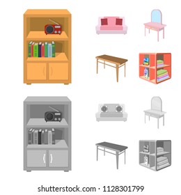 Soft sofa, toilet make-up table, dining table, shelving for laundry and detergent. Furniture and interior set collection icons in cartoon,monochrome style isometric vector symbol stock illustration