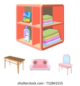 Soft sofa, toilet make-up table, dining table, shelving for laundry and detergent. Furniture and interior set collection icons in cartoon style isometric vector symbol stock illustration web.
