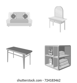 Soft sofa, toilet make-up table, dining table, shelving for laundry and detergent. Furniture and interior set collection icons in monochrome style isometric vector symbol stock illustration web.