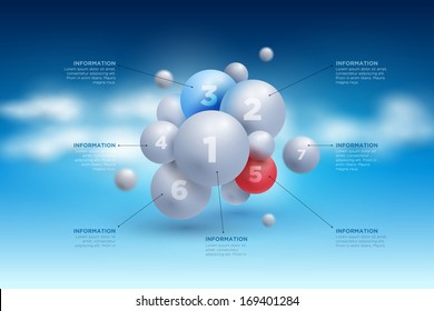 Soft sphere infographics on cloudy blue sky. Vector design template.