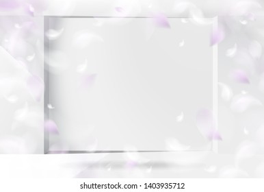 Soft spring 3d room interior background with purple blurred flower petals and feathers vector illustration