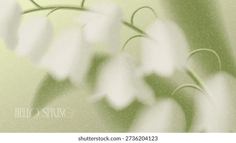 Soft spring gradient background. Beautiful vector banner with gradients and blurred spring lily of the valley. Grainy card with spring blossoms.