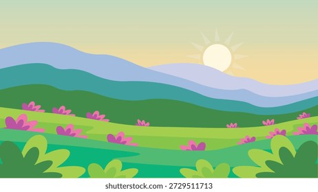 Prados de primavera suaves ao nascer do sol