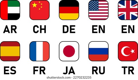 Soft Square Flag Icon Set of UAE United Arab Emirates China Germany USA United States of America UK United Kingdom Spain France Japan Russia and Turkey Flag Language Button Signs. Vector Image.