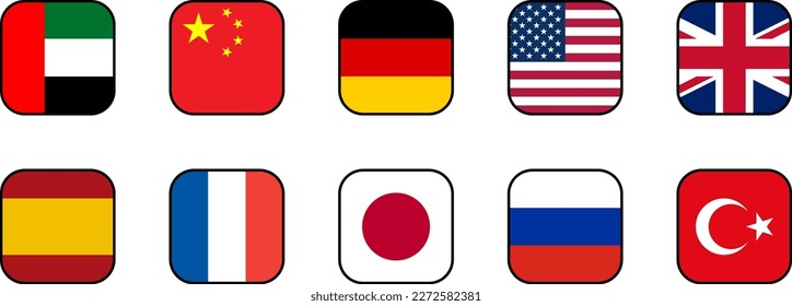 Soft Square Flag Icon Set of UAE United Arab Emirates China Germany USA United States of America UK United Kingdom Spain France Japan Russia and Turkey Flag Language Button Signs. Vector Image.