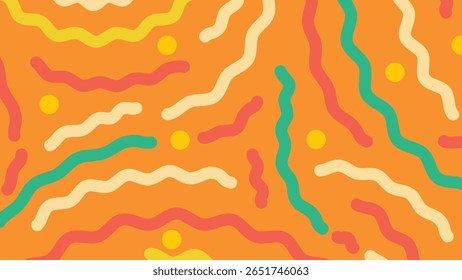 Suaves líneas onduladas en tonos crema, rojo, amarillo y verde azulado dispersas en una vibrante base naranja. Un diseño abstracto brillante y amigable.