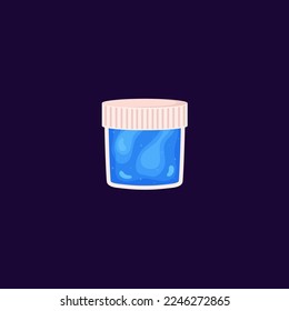 Soft and sticky blue gummy slime toy in plastic trash can, flat vector illustration isolated on dark background. Kids popular rubbery slime for games and fun.