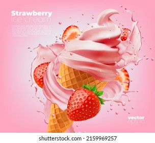 Soft strawberry ice cream cone with swirl splash. Vector ads promo poster with realistic icecream in waffle cup with berries and pink splashing sauce. Sweet creamy dessert, dairy frozen summer dessert
