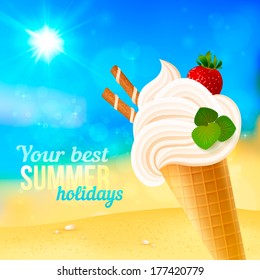 Soft strawberry ice-cream on blurred beach background, vector illustration